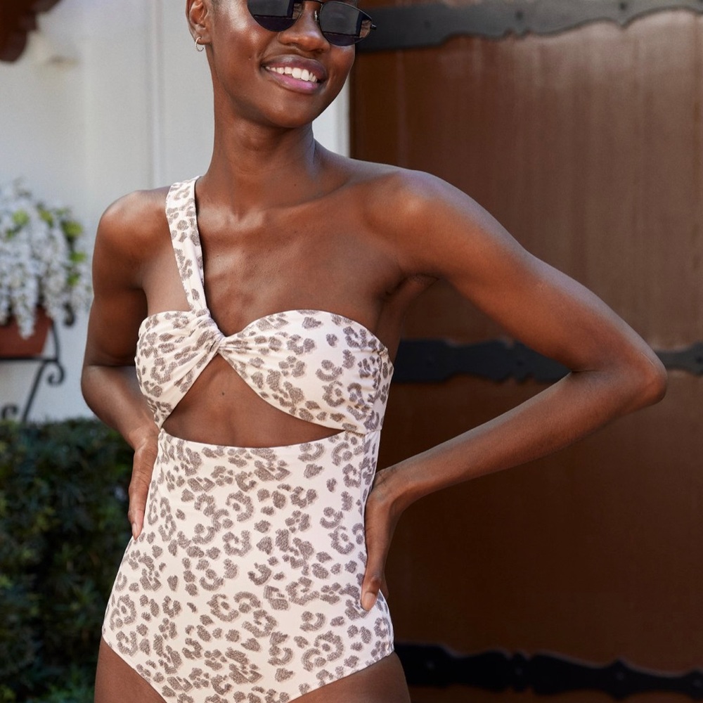 aerie leopard one shoulder swim one piece